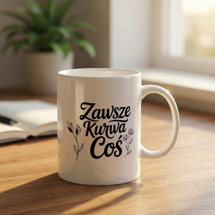 Kubek z nadrukiem „Zawsze Kurwa Coś” z kwiatami | Wręcz Wspaniale