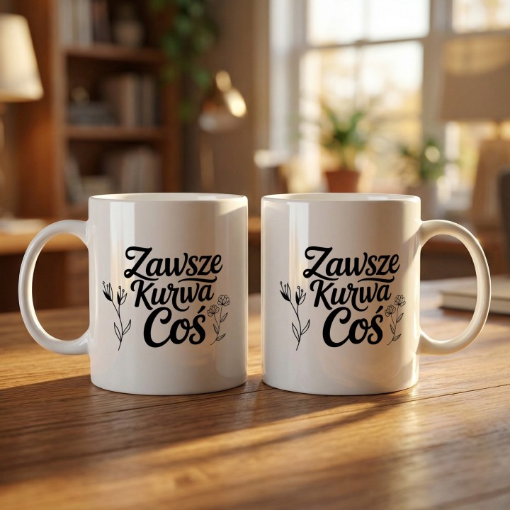 Kubek z nadrukiem „Zawsze Kurwa Coś” z kwiatami | Wręcz Wspaniale