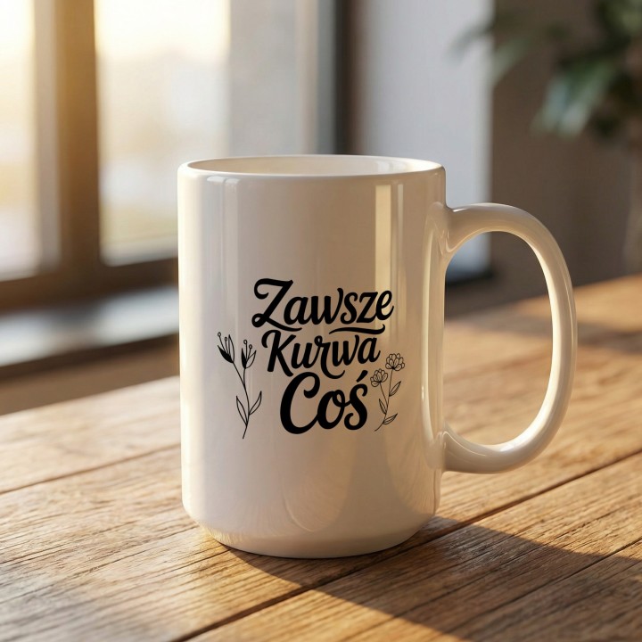 Kubek z nadrukiem „Zawsze Kurwa Coś” z kwiatami | Wręcz Wspaniale