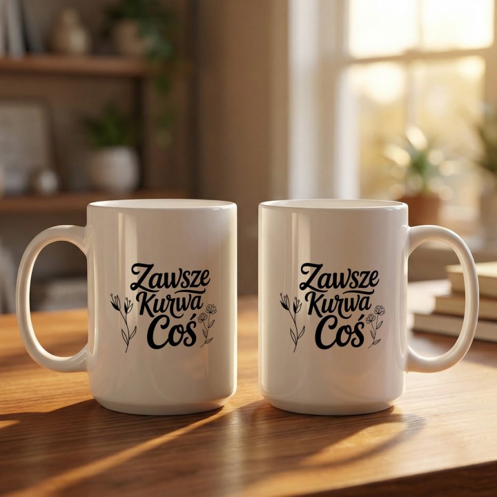 Kubek z nadrukiem „Zawsze Kurwa Coś” z kwiatami | Wręcz Wspaniale