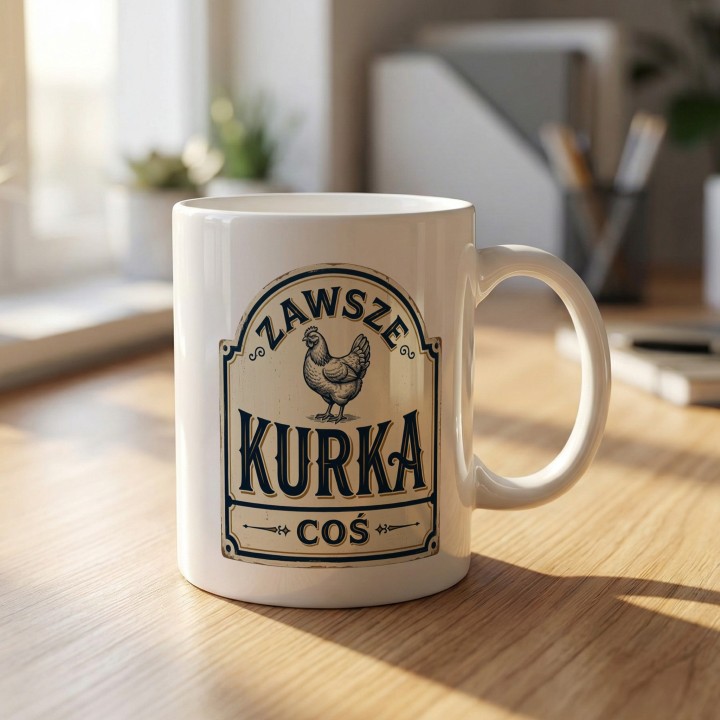 Pojemny kubek z nadrukiem dla pracownika z grafiką kury w stylu starego szyldu rzemieślniczego.