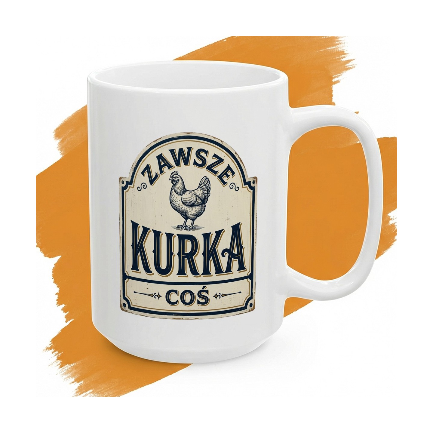 Biały kubek ceramiczny z nadrukiem retro kury i zabawnym podpisem Zawsze Kurka Coś.