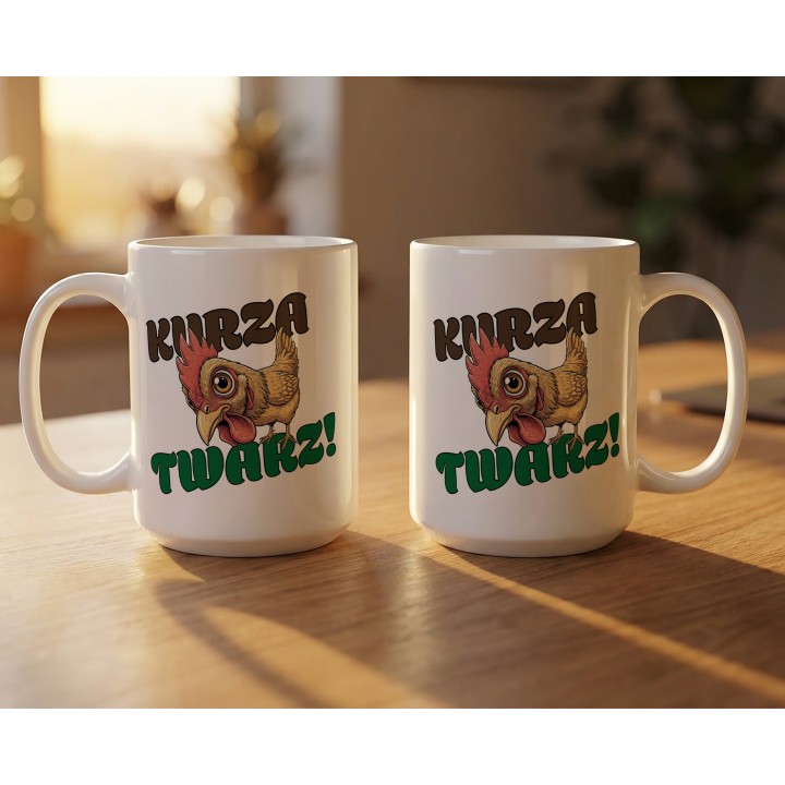 Kubek z nadrukiem „Kurza Twarz!” – śmieszny kubek z kurą do biura i na prezent