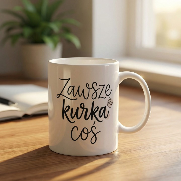 Minimalistyczny kubek z kurką Zawsze Kurka Coś | Śmieszny kubek do pracy