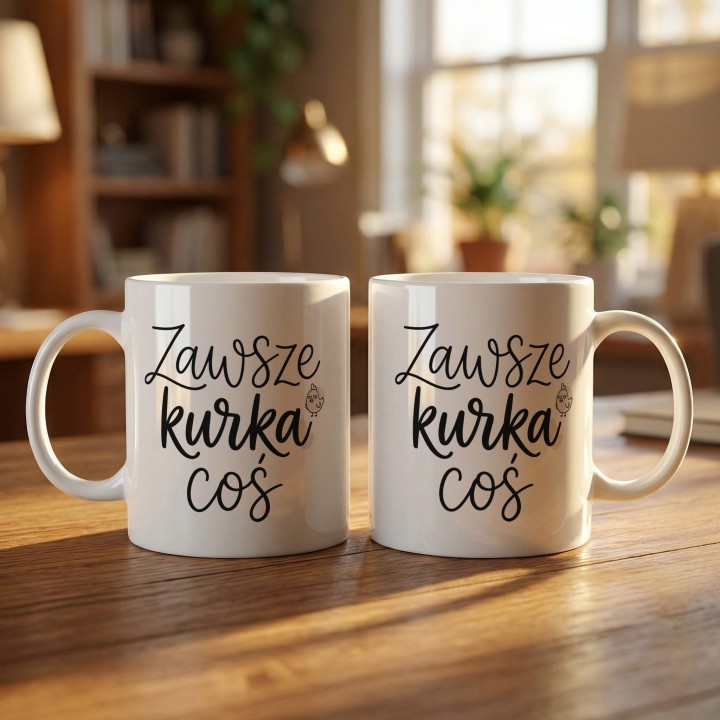 Minimalistyczny kubek z kurką Zawsze Kurka Coś | Śmieszny kubek do pracy