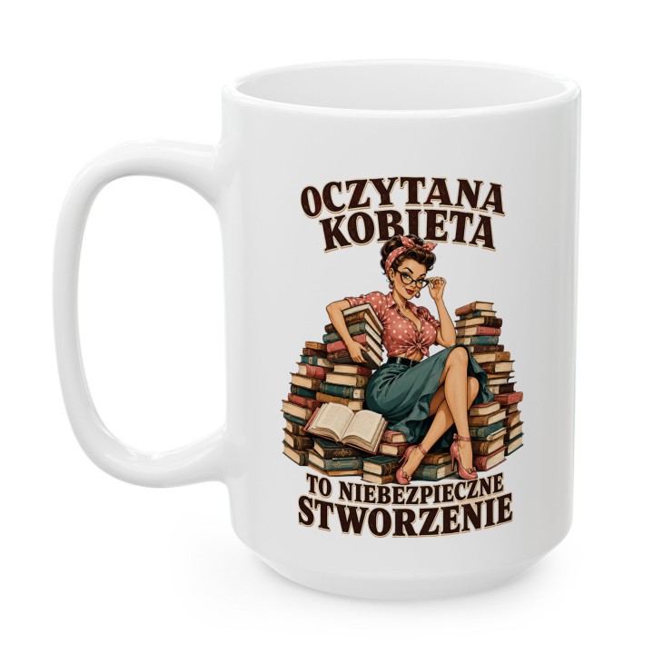 Kubek z nadrukiem - Oczytana kobieta jest niebezpieczna - Main - (B)_1_Basic_White_15Oz