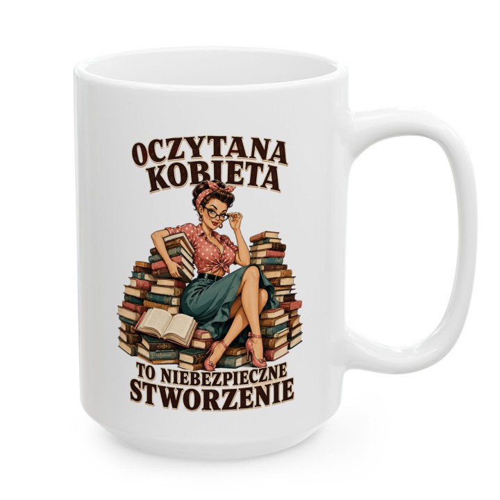Kubek z nadrukiem - Oczytana kobieta jest niebezpieczna - Main - (B)_1_Basic_White_15Oz