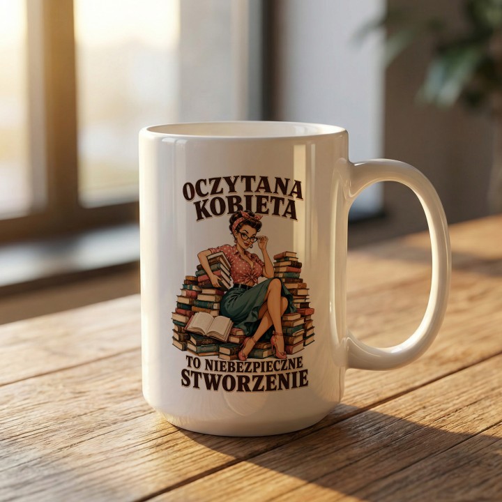 Kubek z nadrukiem - Oczytana kobieta jest niebezpieczna - Main - (B)_1_Basic_White_15Oz