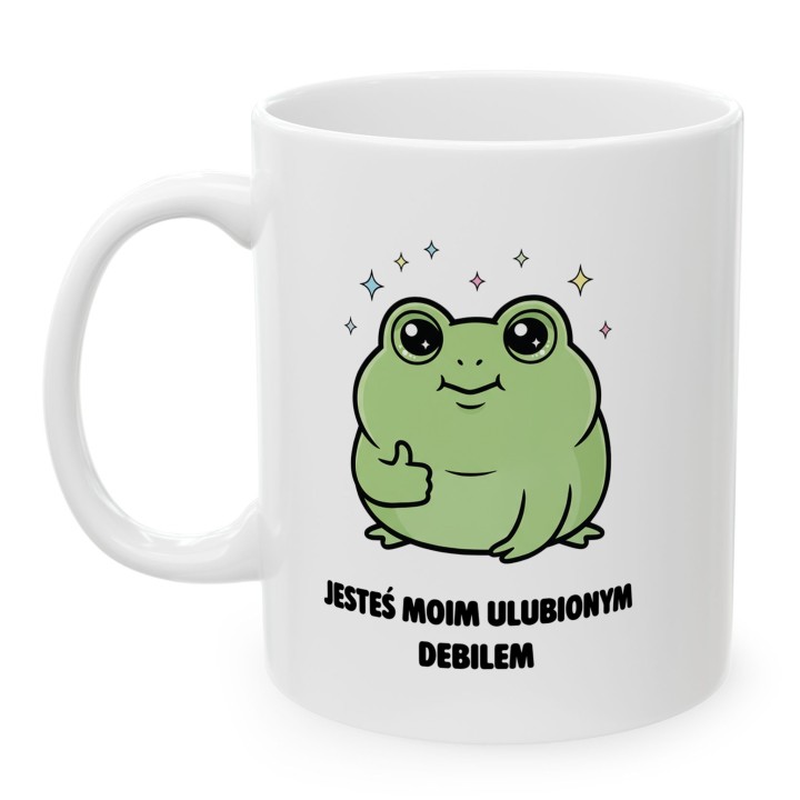 Kubek z nadrukiem „Jesteś moim ulubionym debilem” – kubek z żabką na prezent