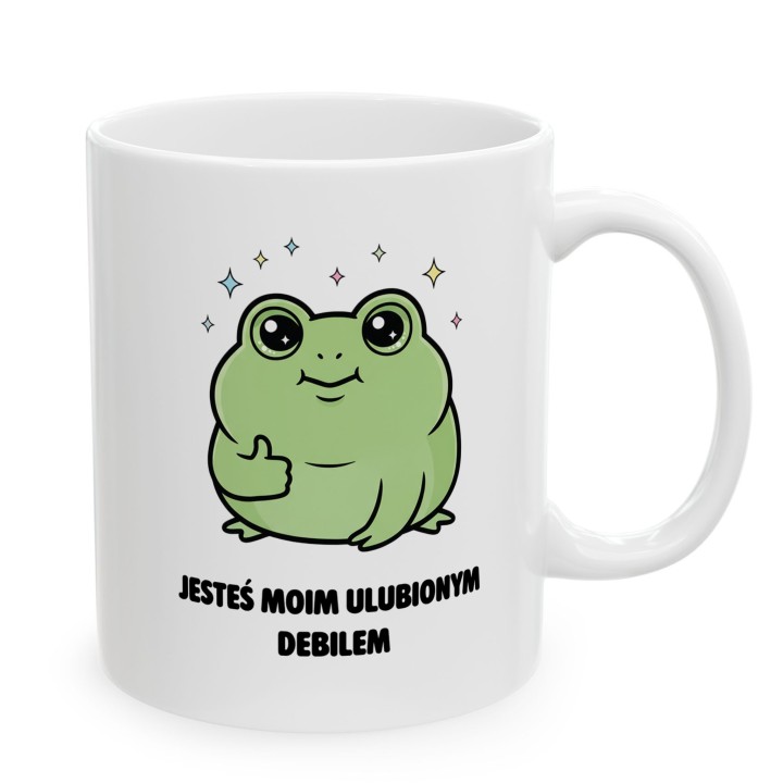 Kubek z nadrukiem „Jesteś moim ulubionym debilem” – kubek z żabką na prezent