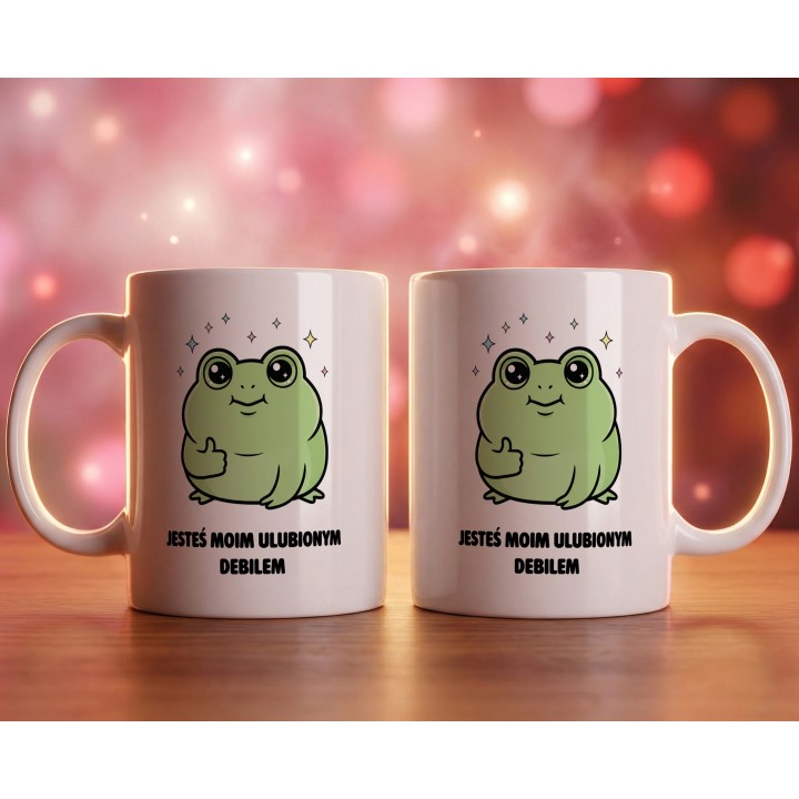 Kubek z nadrukiem „Jesteś moim ulubionym debilem” – kubek z żabką na prezent