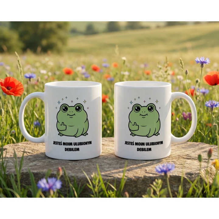 Kubek z nadrukiem „Jesteś moim ulubionym debilem” – kubek z żabką na prezent