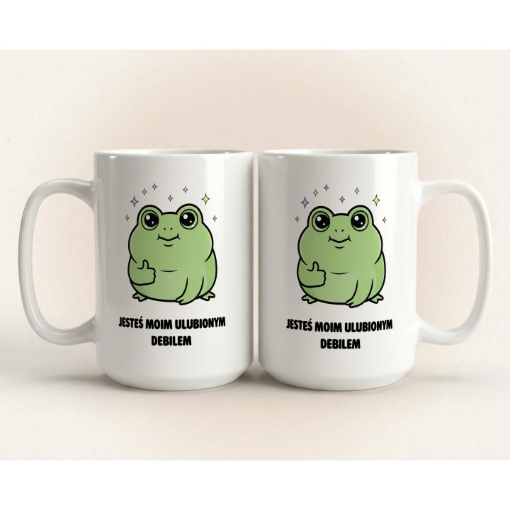 Kubek z nadrukiem „Jesteś moim ulubionym debilem” – kubek z żabką na prezent
