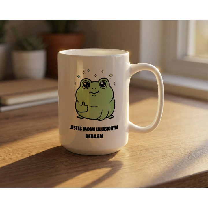 Kubek z nadrukiem „Jesteś moim ulubionym debilem” – kubek z żabką na prezent