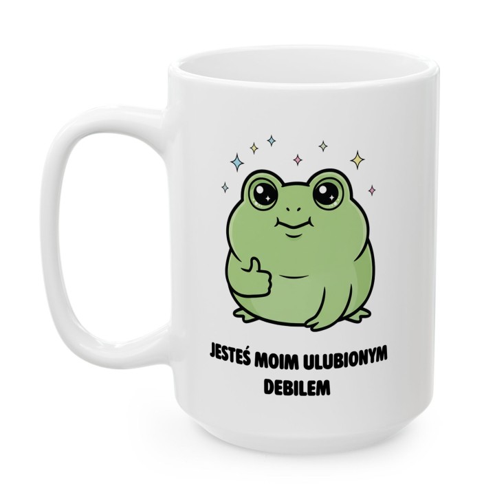 Kubek z nadrukiem „Jesteś moim ulubionym debilem” – kubek z żabką na prezent
