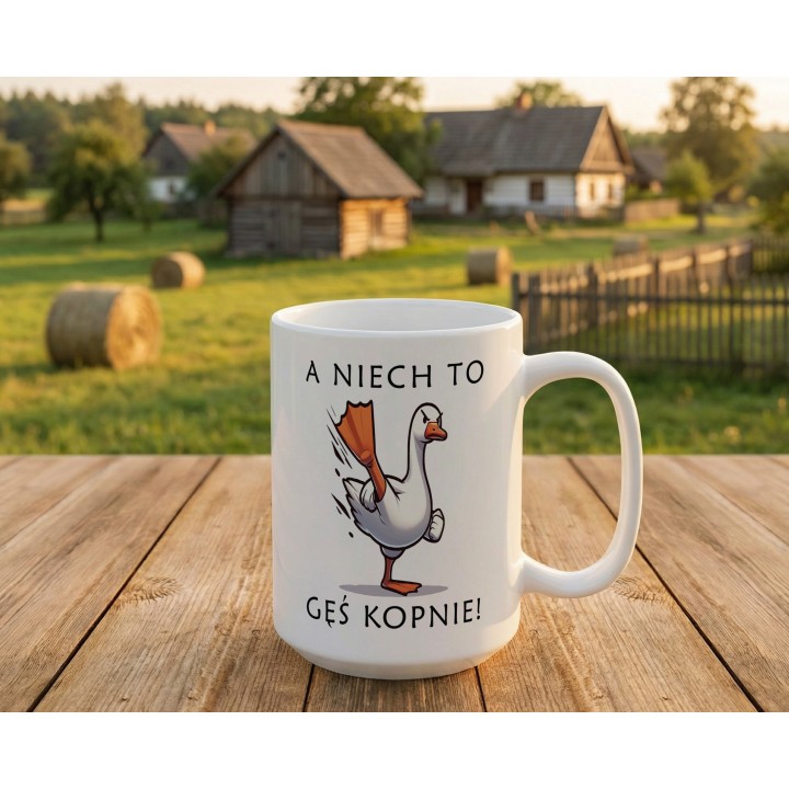 Kubek „A niech to gęś kopnie!” – śmieszny kubek z gęsią na prezent