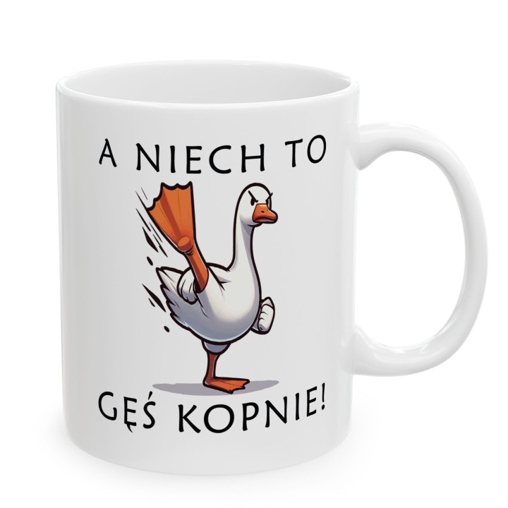 Kubek „A niech to gęś kopnie!” – śmieszny kubek z gęsią na prezent