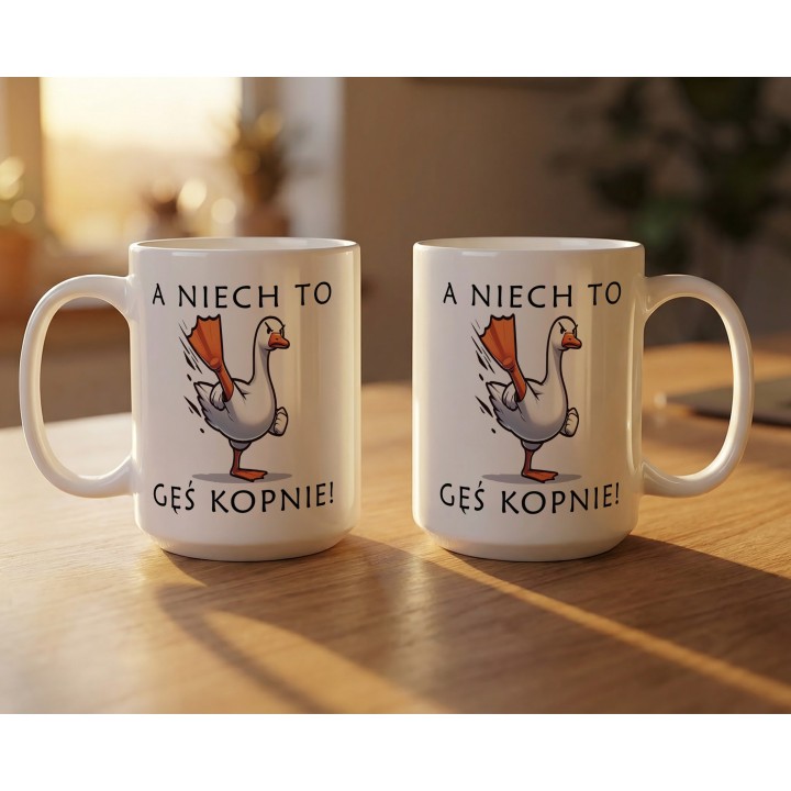 Kubek „A niech to gęś kopnie!” – śmieszny kubek z gęsią na prezent