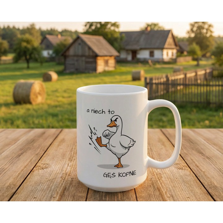 Kubek „A niech to gęś kopnie” – śmieszny kubek z gęsią na prezent