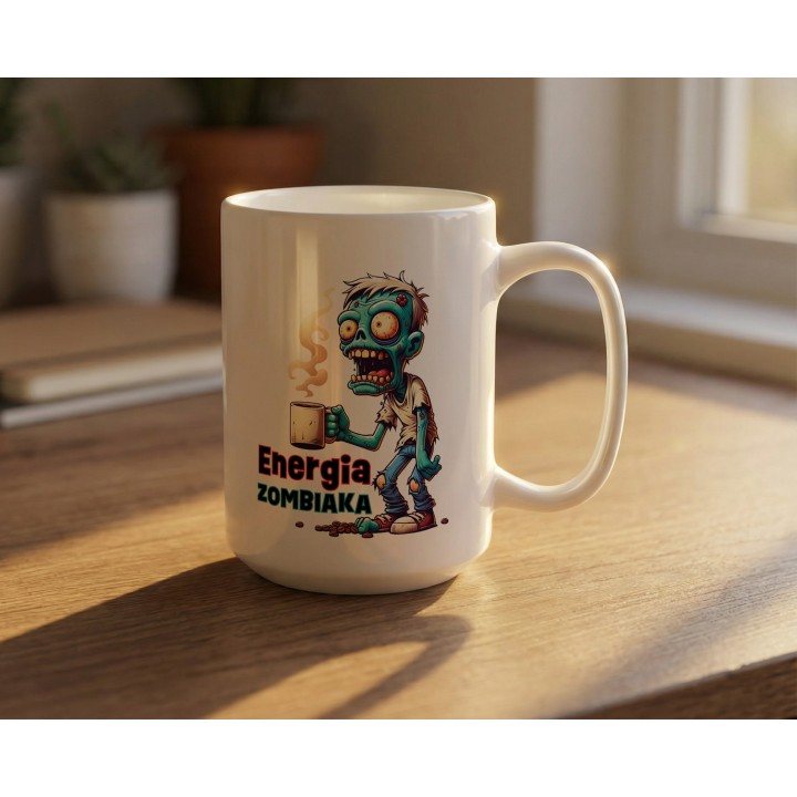 Kubek z nadrukiem „Energia Zombiaka” – śmieszny kubek zombie na kawę