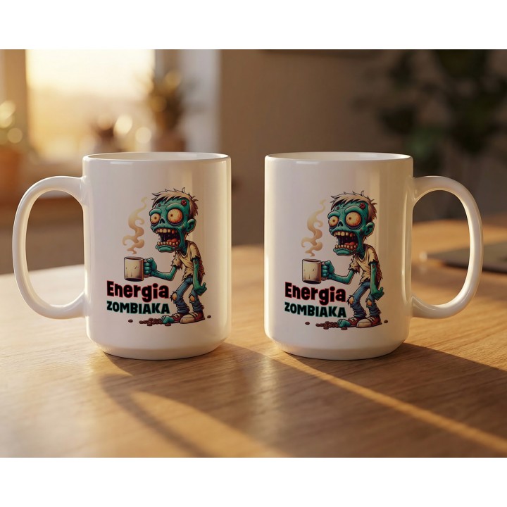 Kubek z nadrukiem „Energia Zombiaka” – śmieszny kubek zombie na kawę