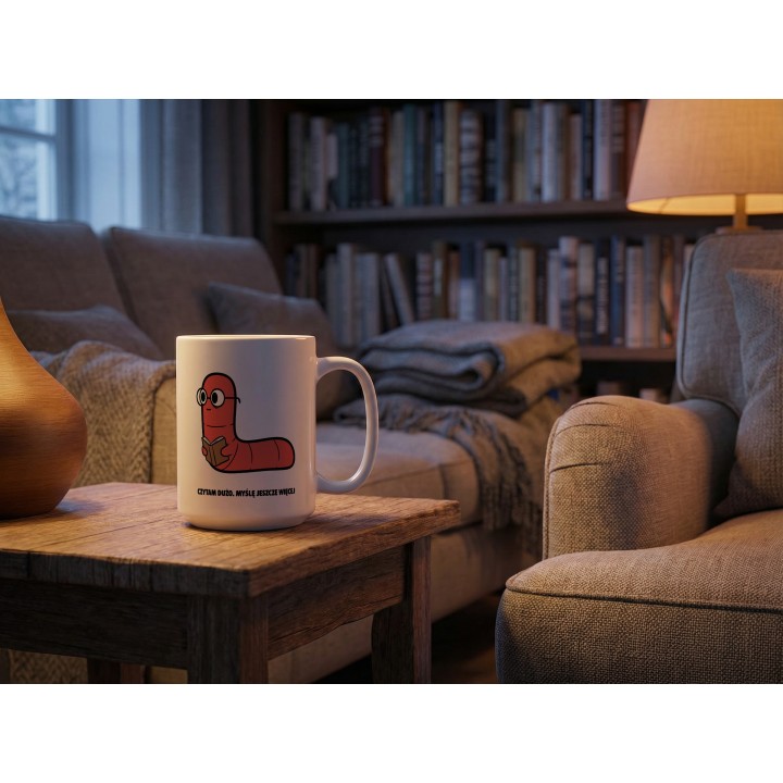 Kubek z nadrukiem „Czytam dużo. Myślę jeszcze więcej” | Robacze Życie | dla fanów literatury i analizowania