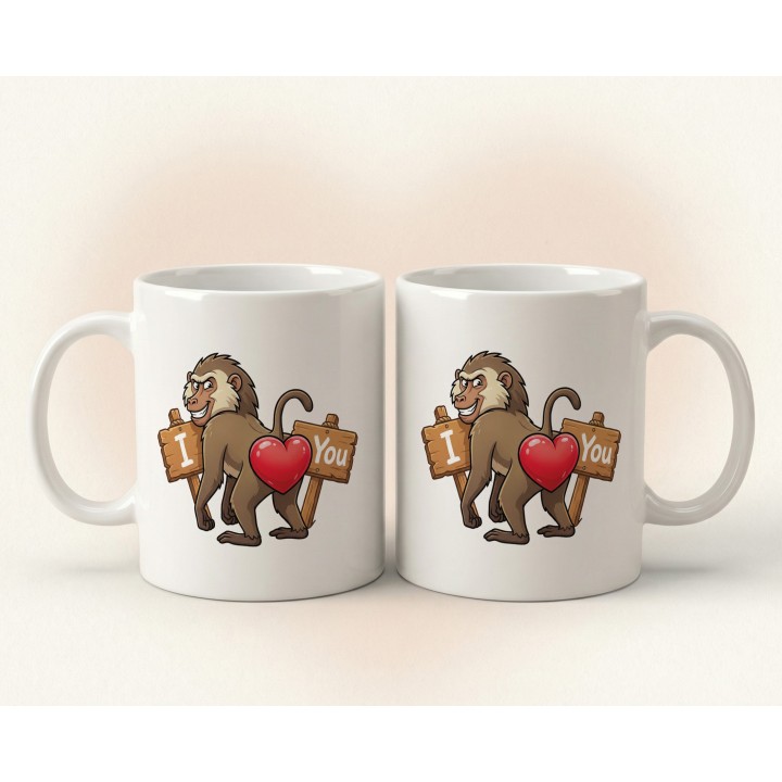 Kubek z nadrukiem „I ❤️ You” z małpą pawianem | Śmieszny prezent dla par