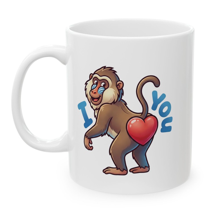 Kubek z nadrukiem małpki „I ❤️ You” — zabawny prezent dla zakochanych