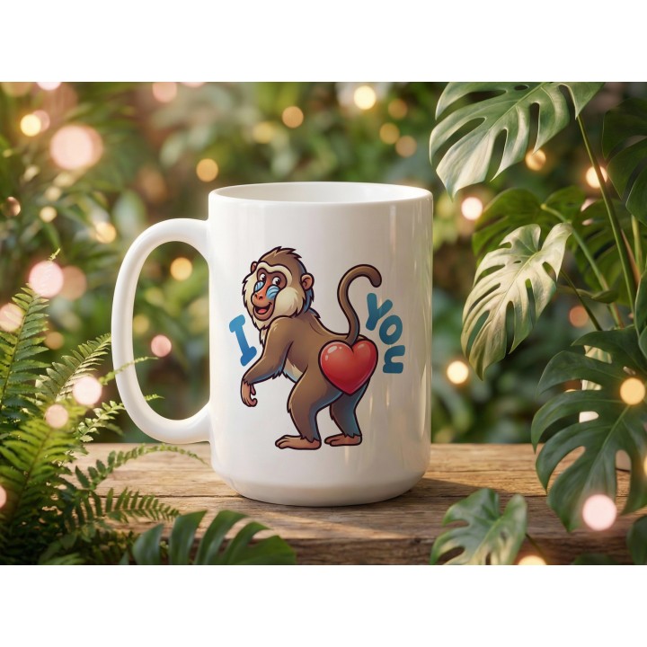Kubek z nadrukiem małpki „I ❤️ You” — zabawny prezent dla zakochanych