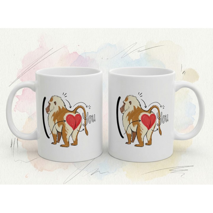 Kubek z nadrukiem „I ❤️ You” z pawianem — śmieszny prezent dla par