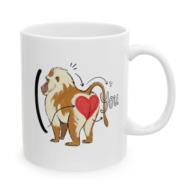 Kubek z nadrukiem „I ❤️ You” z pawianem — śmieszny prezent dla par