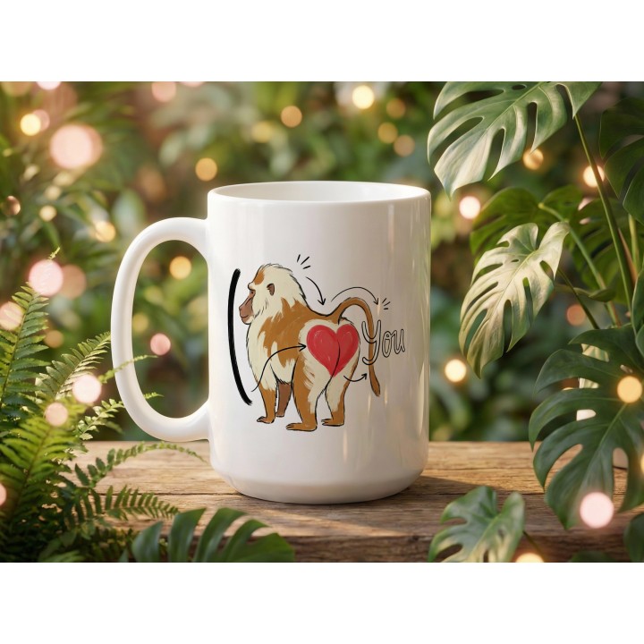 Kubek z nadrukiem „I ❤️ You” z pawianem — śmieszny prezent dla par