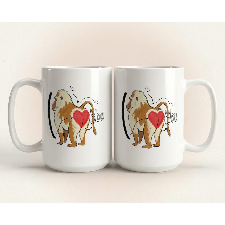 Kubek z nadrukiem „I ❤️ You” z pawianem — śmieszny prezent dla par