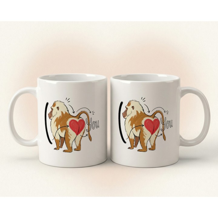 Kubek z nadrukiem „I ❤️ You” z pawianem — śmieszny prezent dla par