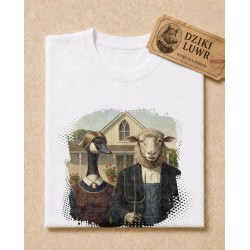 Koszulka American Gothic – Wiejska Sielanka z Gęsią i Owcą