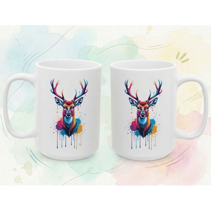 Kubek ceramiczny z nadrukiem jelenia splash art – kolorowy akcent na biurko i prezent
