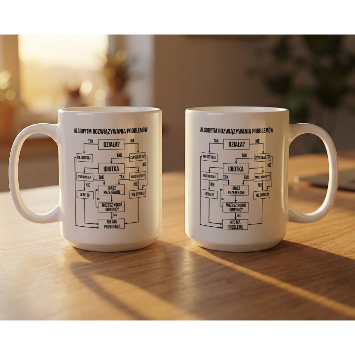 Kubek ceramiczny „Algorytm rozwiązywania problemów” dla niej – gdy coś zepsułam, humor na biurko