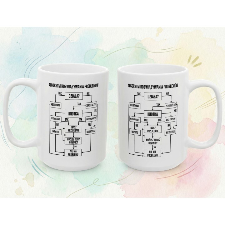 Kubek ceramiczny „Algorytm rozwiązywania problemów” dla niej – gdy coś zepsułam, humor na biurko