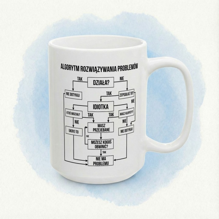 Kubek ceramiczny „Algorytm rozwiązywania problemów” dla niej – gdy coś zepsułam, humor na biurko