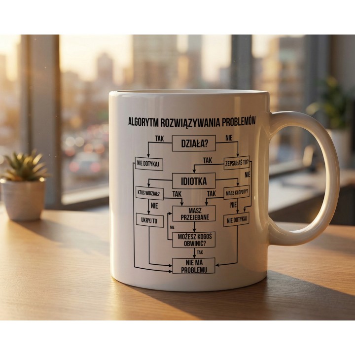 Kubek ceramiczny „Algorytm rozwiązywania problemów” dla niej – gdy coś zepsułam, humor na biurko