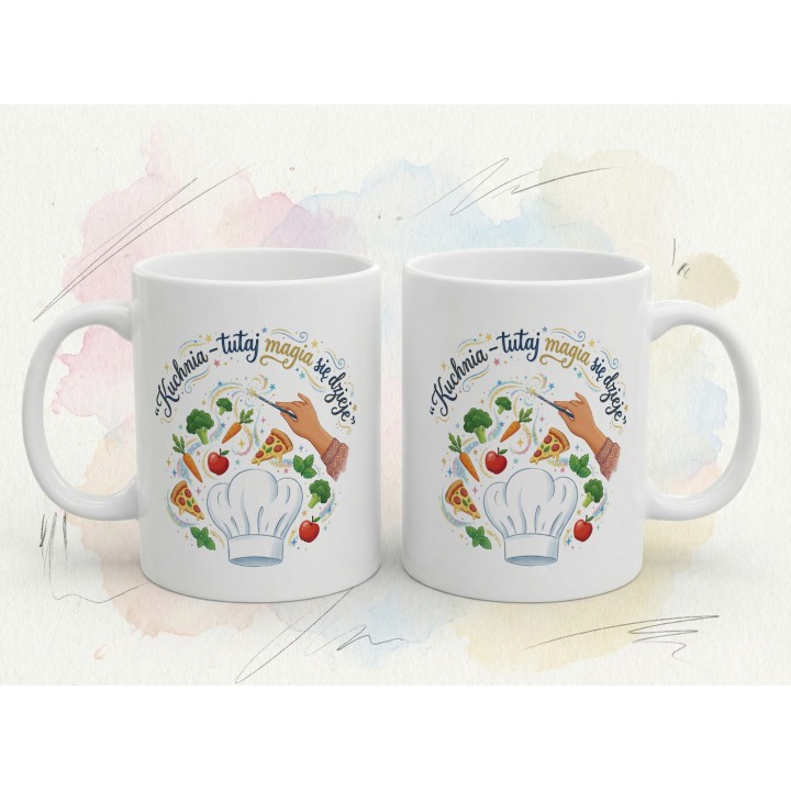 Kubek z nadrukiem „Kuchnia – tutaj magia się dzieje!” – prezent dla miłośnika gotowania