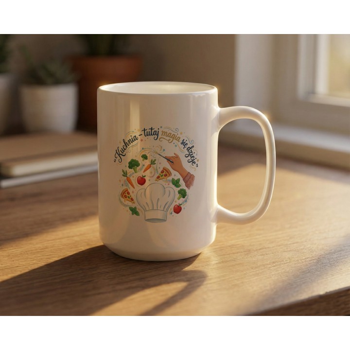 Kubek z nadrukiem „Kuchnia – tutaj magia się dzieje!” – prezent dla miłośnika gotowania