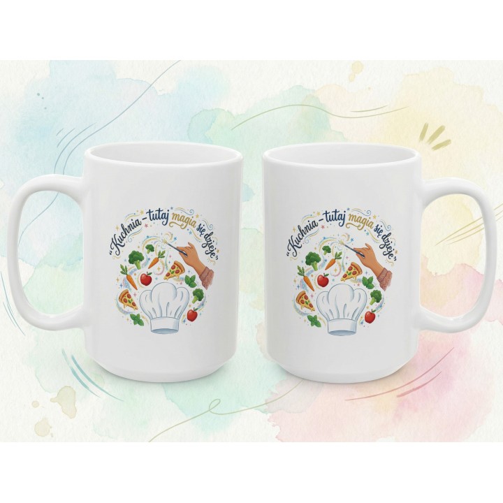 Kubek z nadrukiem „Kuchnia – tutaj magia się dzieje!” – prezent dla miłośnika gotowania