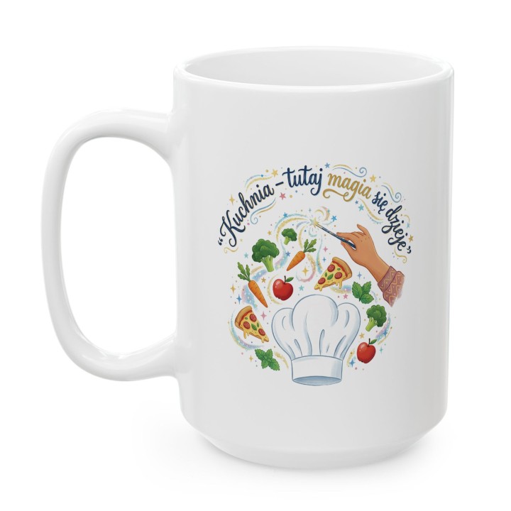 Kubek z nadrukiem „Kuchnia – tutaj magia się dzieje!” – prezent dla miłośnika gotowania