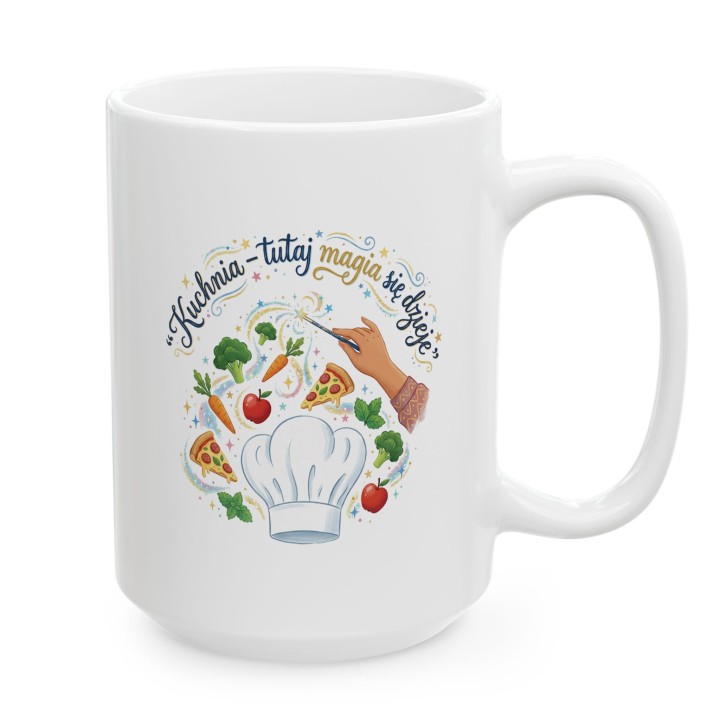 Kubek z nadrukiem „Kuchnia – tutaj magia się dzieje!” – prezent dla miłośnika gotowania