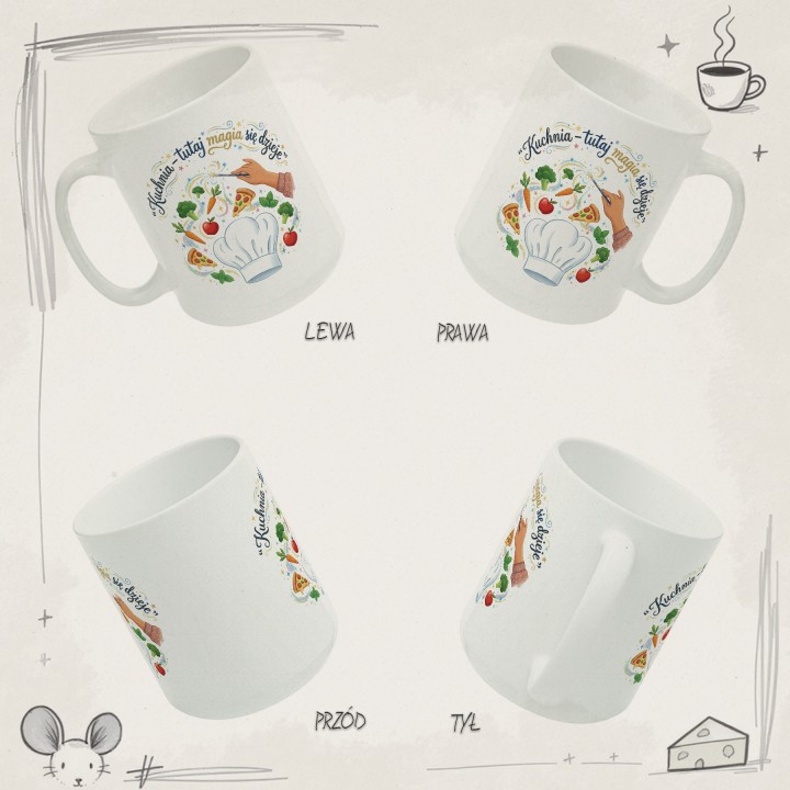 Kubek z nadrukiem „Kuchnia – tutaj magia się dzieje!” – prezent dla miłośnika gotowania