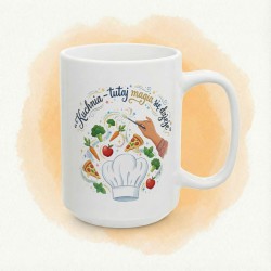 Kubek z nadrukiem „Kuchnia - tutaj magia się dzieje!” - czary w fartuchu