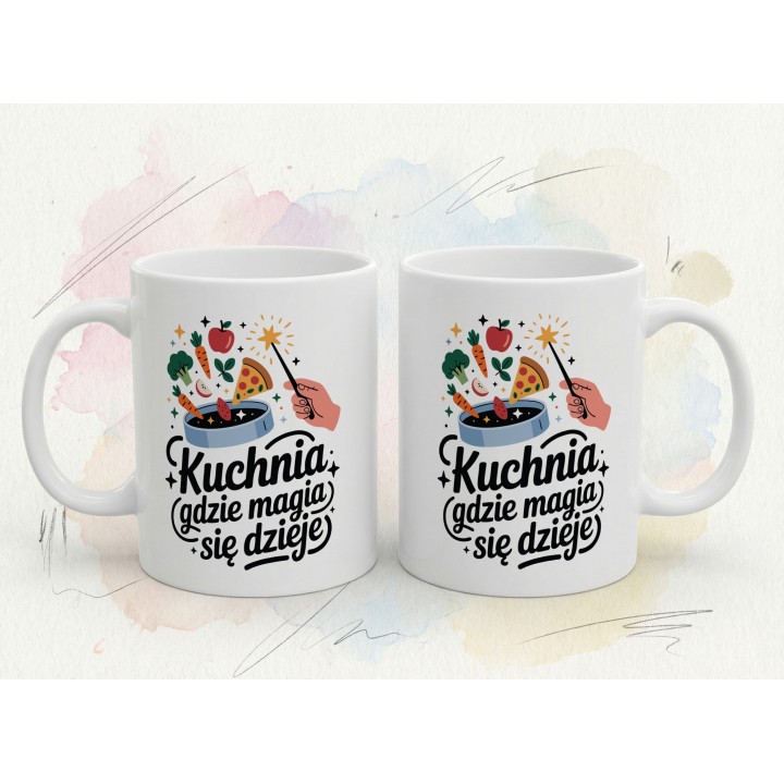 Kubek z nadrukiem „Kuchnia – tutaj magia się dzieje!” – prezent dla osoby, która lubi gotować