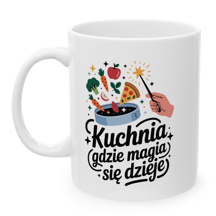 Kubek z nadrukiem „Kuchnia – tutaj magia się dzieje!” – prezent dla osoby, która lubi gotować