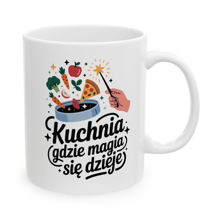 Kubek z nadrukiem „Kuchnia – tutaj magia się dzieje!” – prezent dla osoby, która lubi gotować